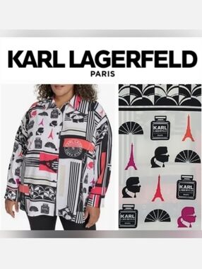 Karl Lagerfeld Paris Signature Black & Red Button-Front Plus Size Shirt 2X NWT